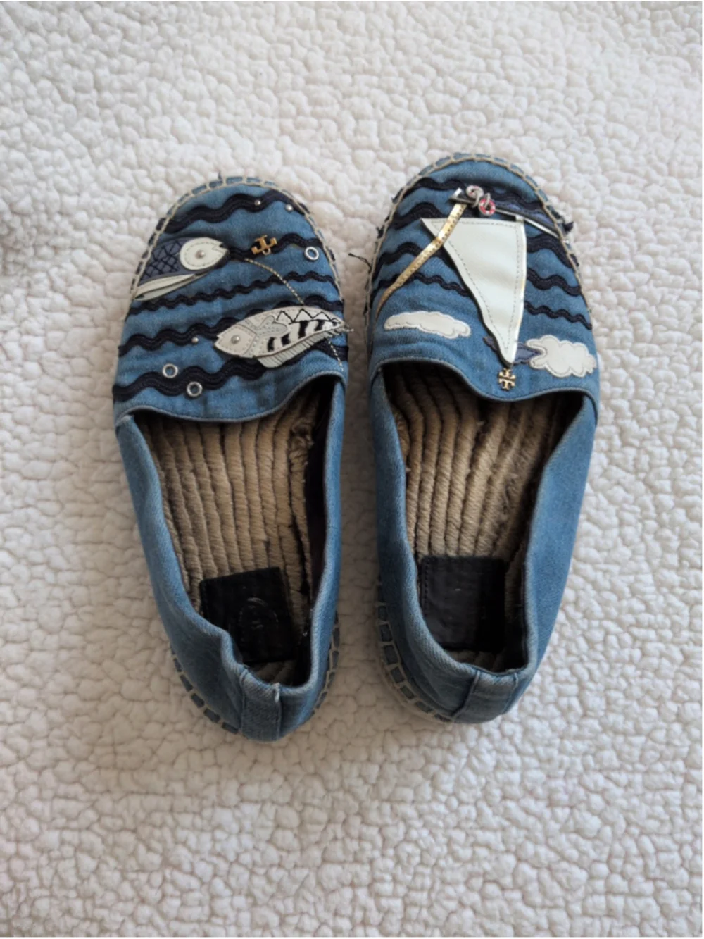 Tory Burch seaside nautical denim coastal fish resortwear espadrilles sandals